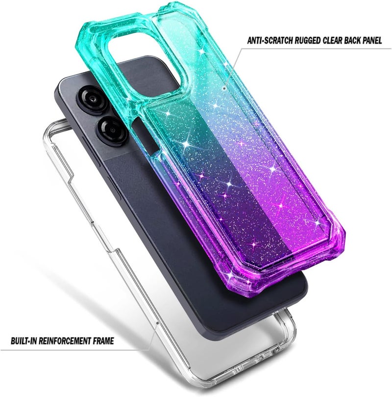 WDHD Compatible with Blu View Speed Ultra 5G Phone Case Glitter Aqua/Purple | Full-Body Protective Shockproof Bumper Cover with Tempered Glass Screen Protector, 12FT Military Grade Drop Tested - Image 3